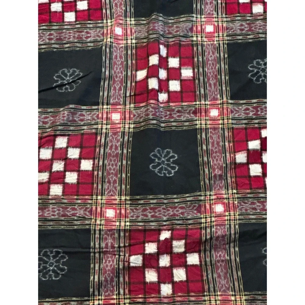 Sambalpuri Ikat Cotton Fabric Red Black Pasapalli Checkerboard Handloom Coverlet